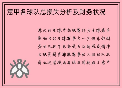 意甲各球队总损失分析及财务状况